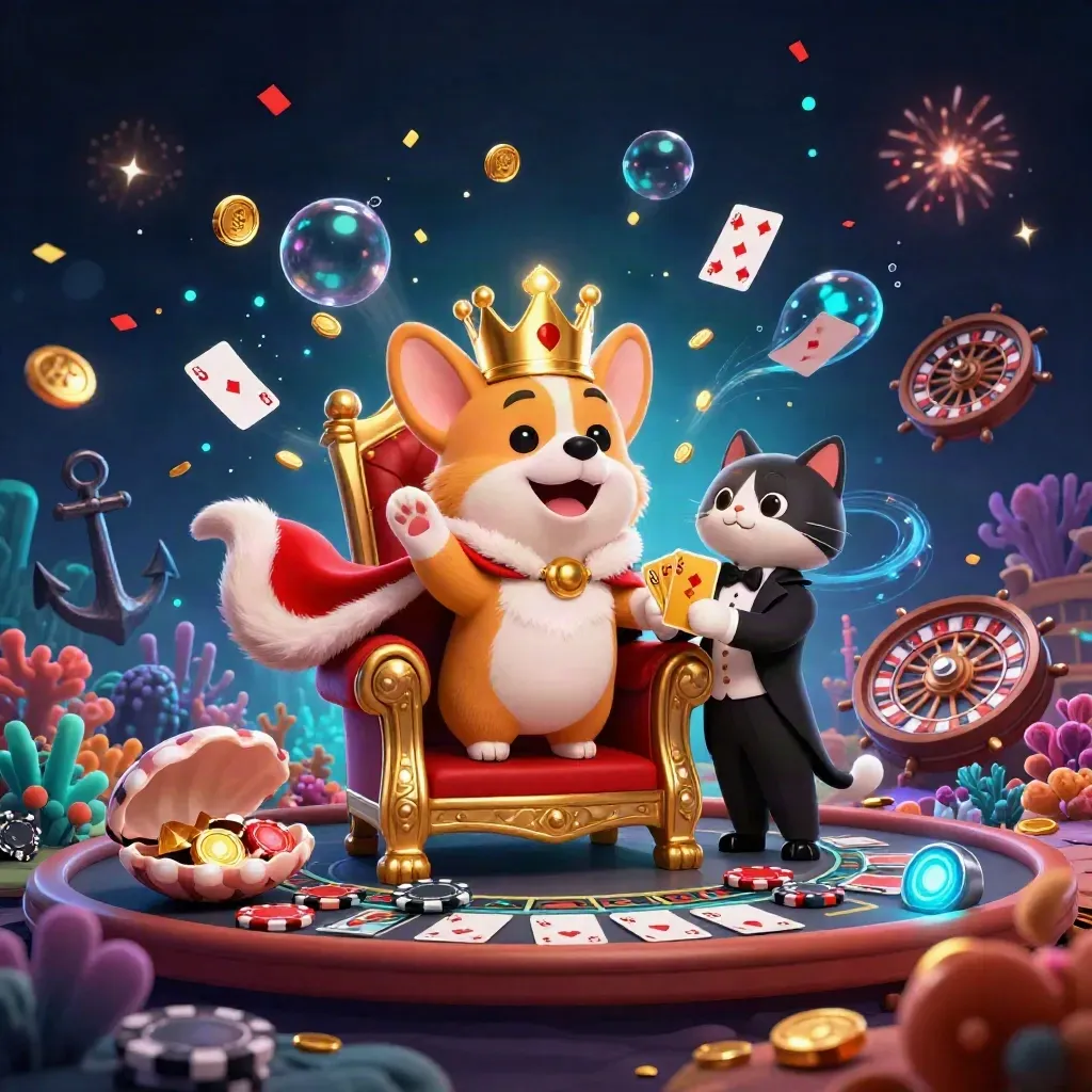 Royal corgi and cat butler amid treasure, cards, confetti, and glowing casino magic.