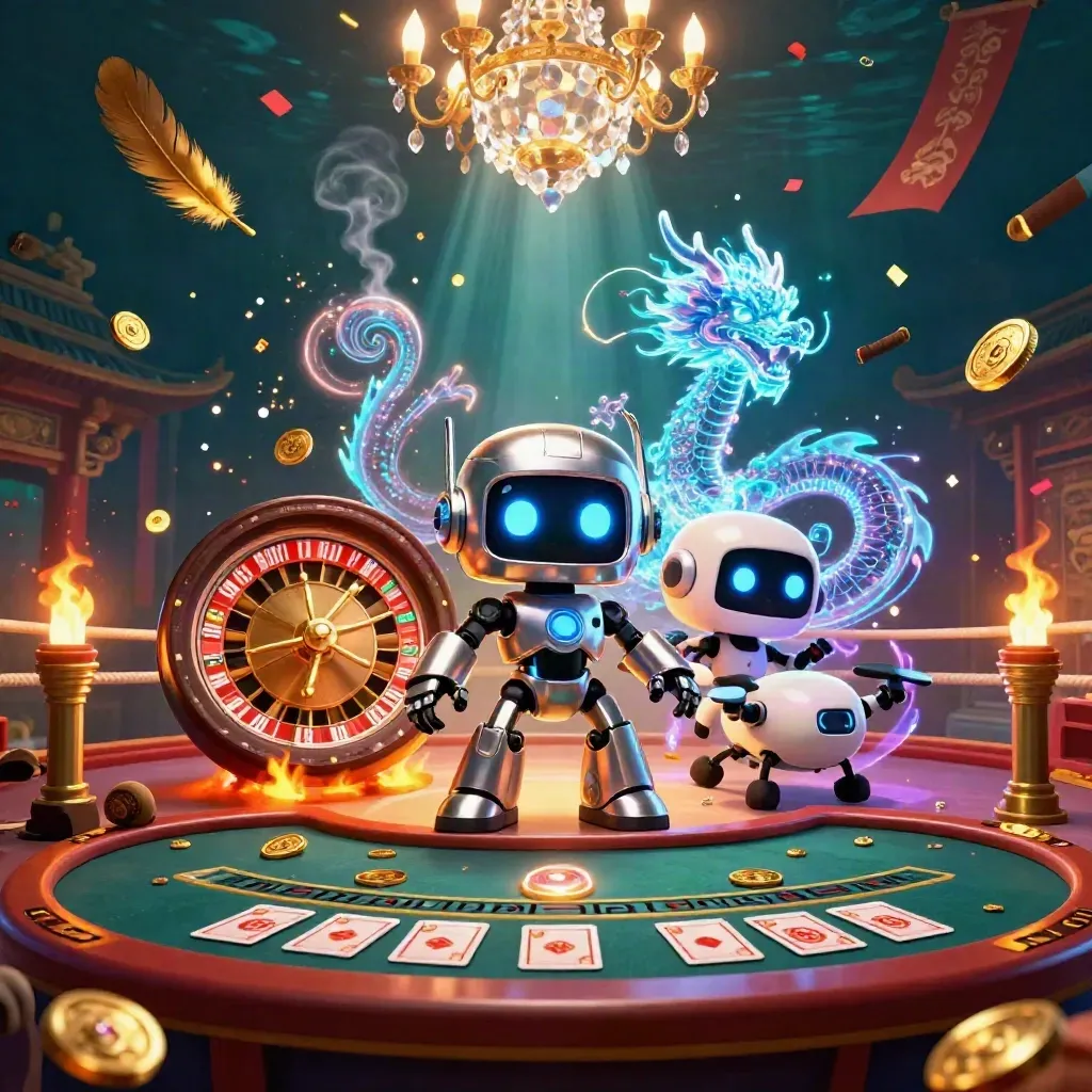 Cyberpunk robot, holographic dragon and coin drone amid casino-luxe ritual with gold, red, teal glow.