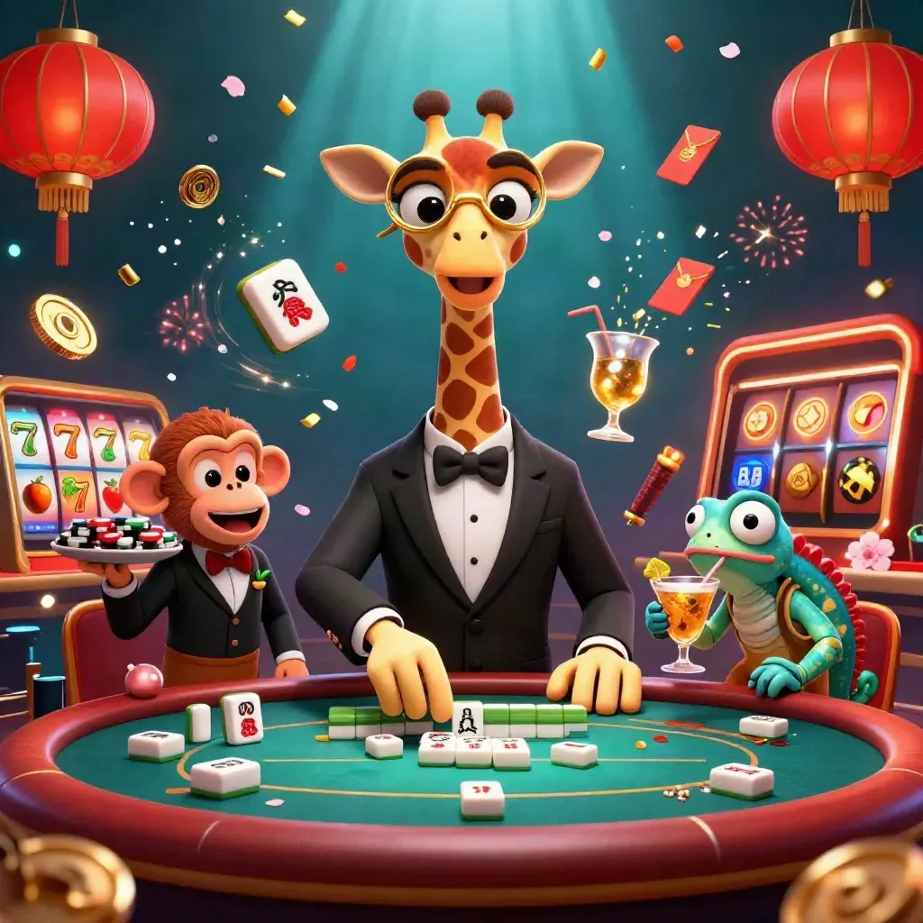 Giraffe high roller, monkey valet, and chameleon bartender amid gold casino magic and confetti.