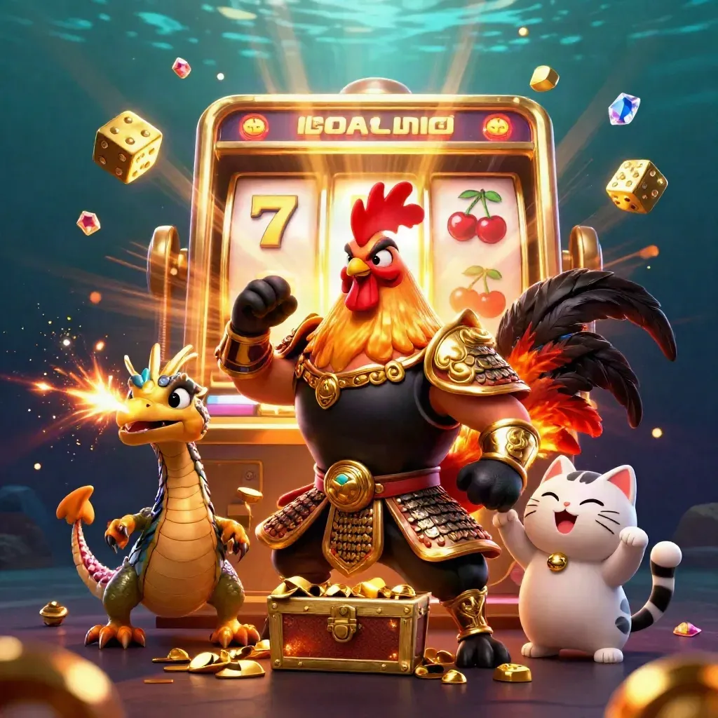 Rooster samurai, spark-breathing dragon hatchling, and lucky cat amid exploding jackpot treasure.