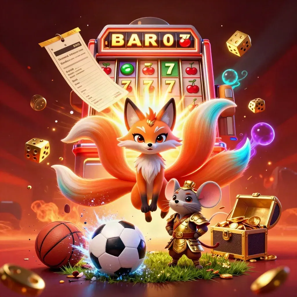 Neon fox spirit and armored mouse amid exploding sports casino symbols and flying balls.