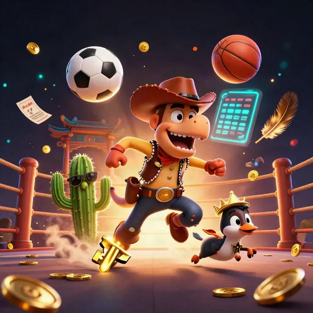 Cowboy T-Rex, cactus, and roadrunner amid casino-sports chaos with balls, coins, and neon light.