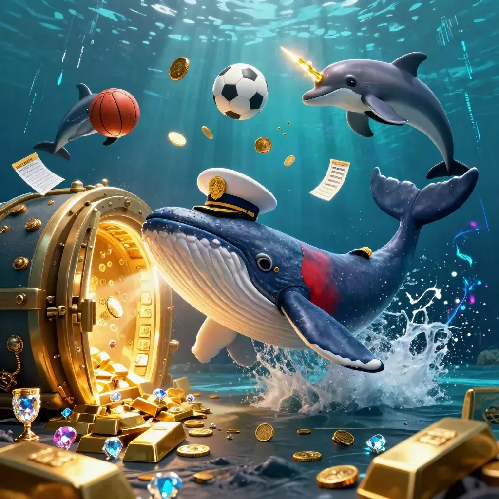Whale captain, narwhal and dolphins burst through coins with vault light and flying sports balls.