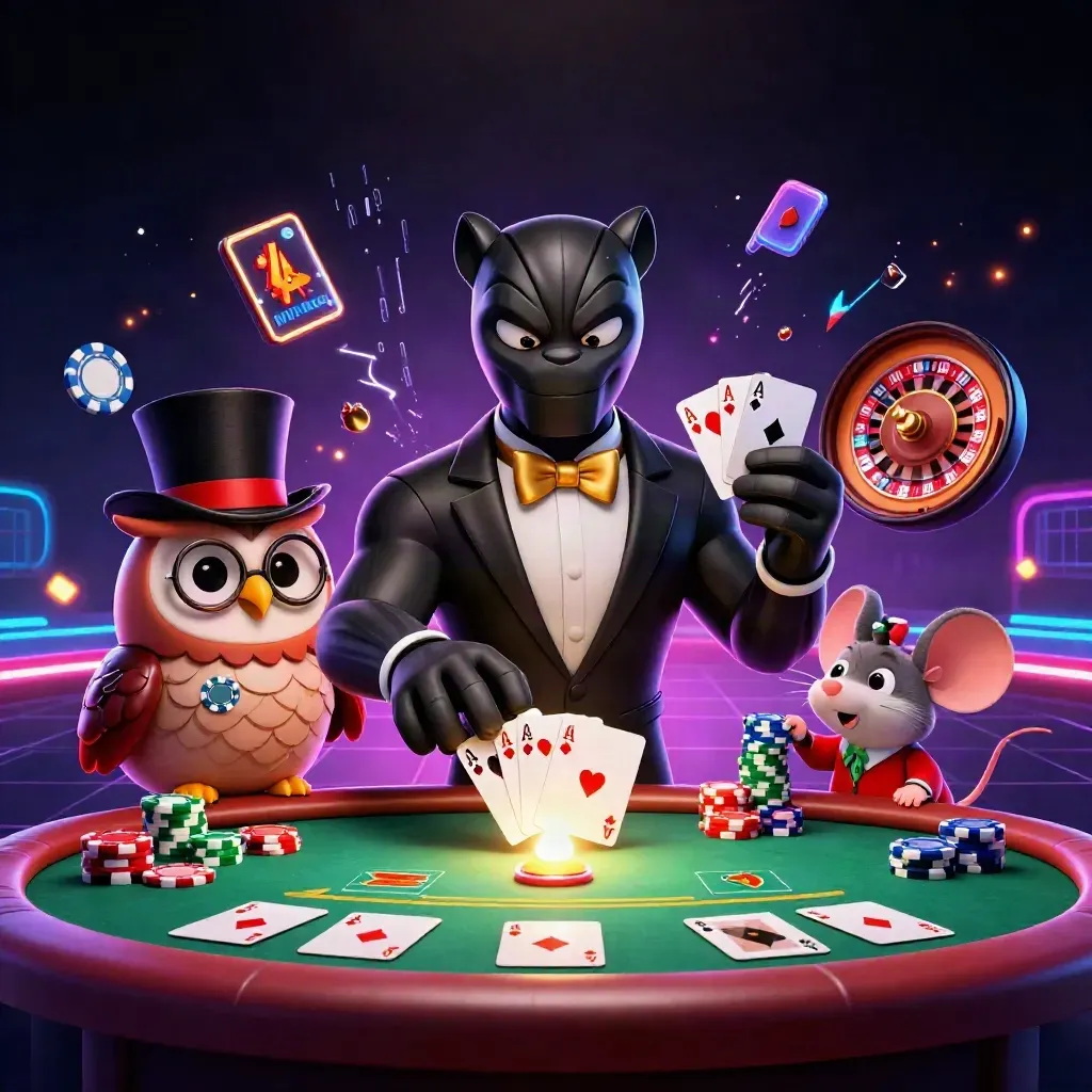 Tuxedo panther, owl, and mouse amid casino lights, chips, roulette wheel, and neon energy.