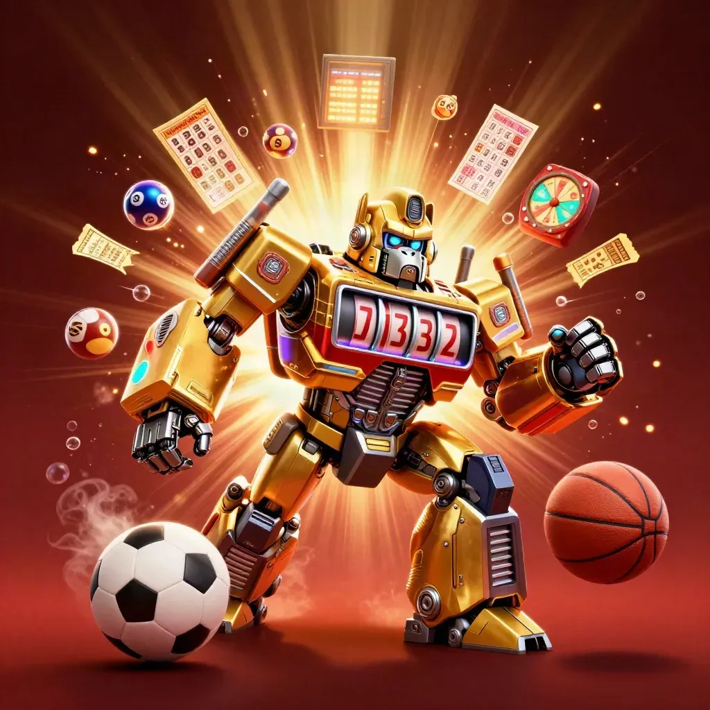 Golden gorilla slot-mech with monkey pilot, sports balls and casino prizes bursting in crimson glow