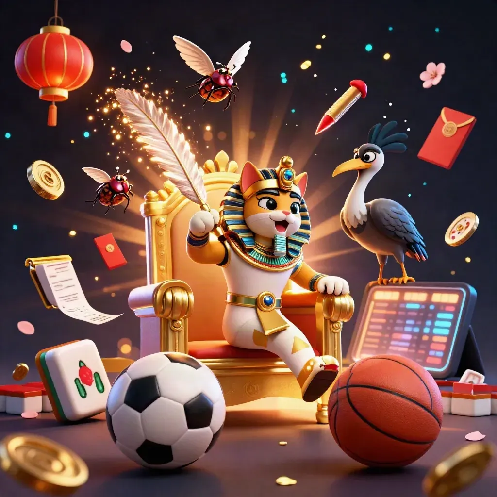 Pharaoh cat, ibis, and scarabs amid flying balls, coins, lanterns, and golden light