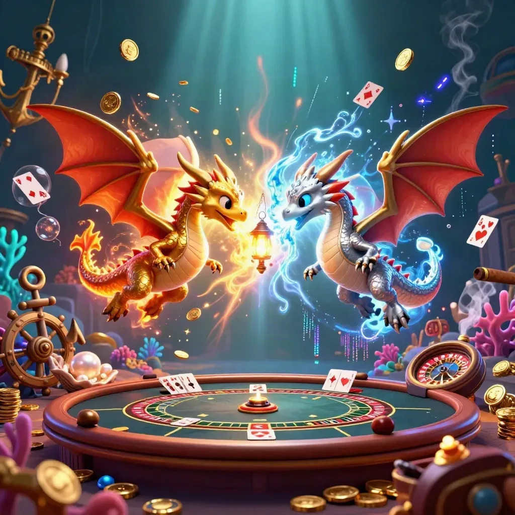 Twin gold and silver dragons entwined over a glowing underwater casino treasure cove.