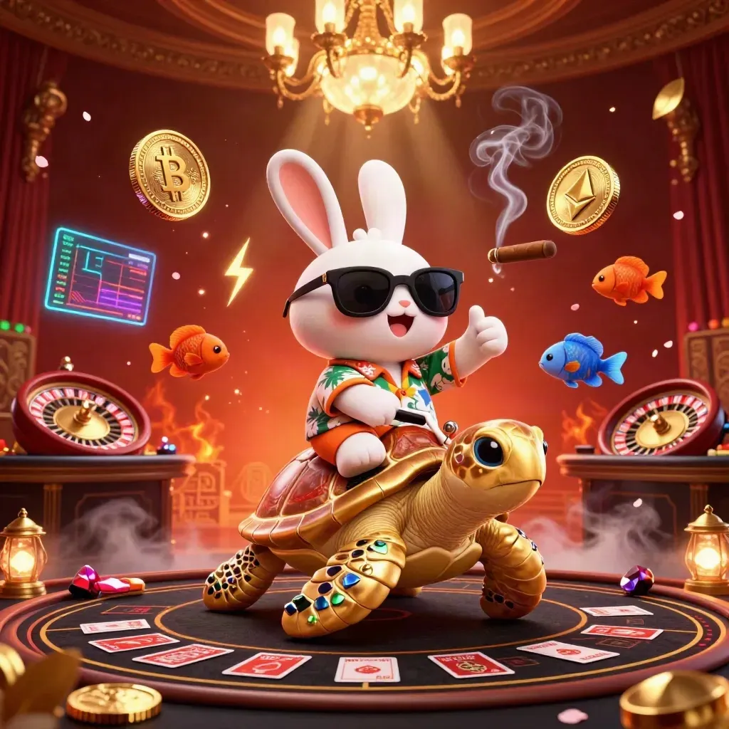 Cartoon rabbit rides golden turtle in a glowing crimson casino room with coins, runes, and neon crypto effects.