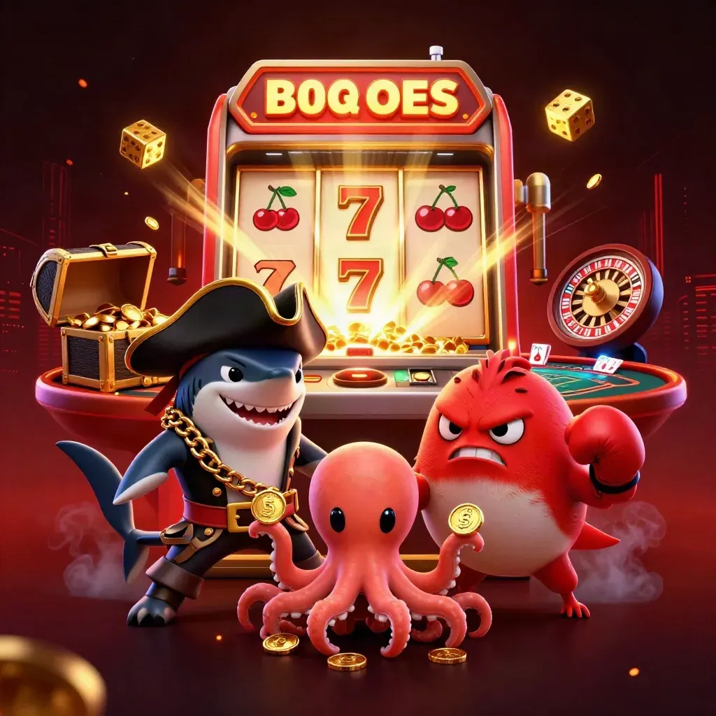 Pirate shark, boxing pufferfish, and coin-juggling octopus in a luxe casino splash scene.