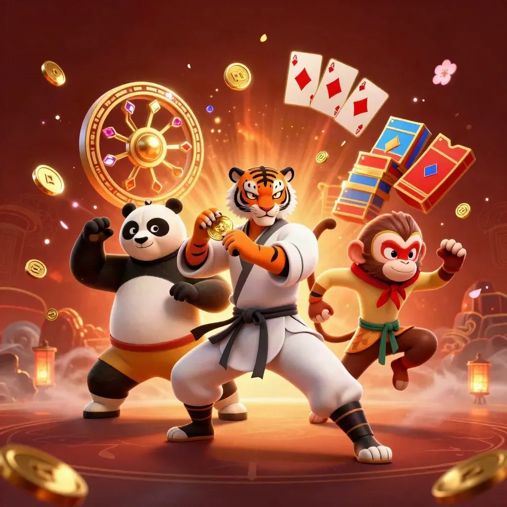 Kung-fu tiger, panda, and monkey amid casino loot, coins, cards, chips, embers, and glowing runes.