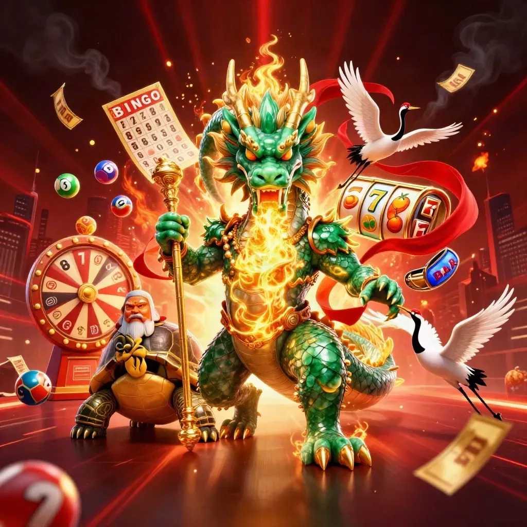 Emerald jade dragon, turtle sage, and cranes burst amid casino treasures and neon lights.
