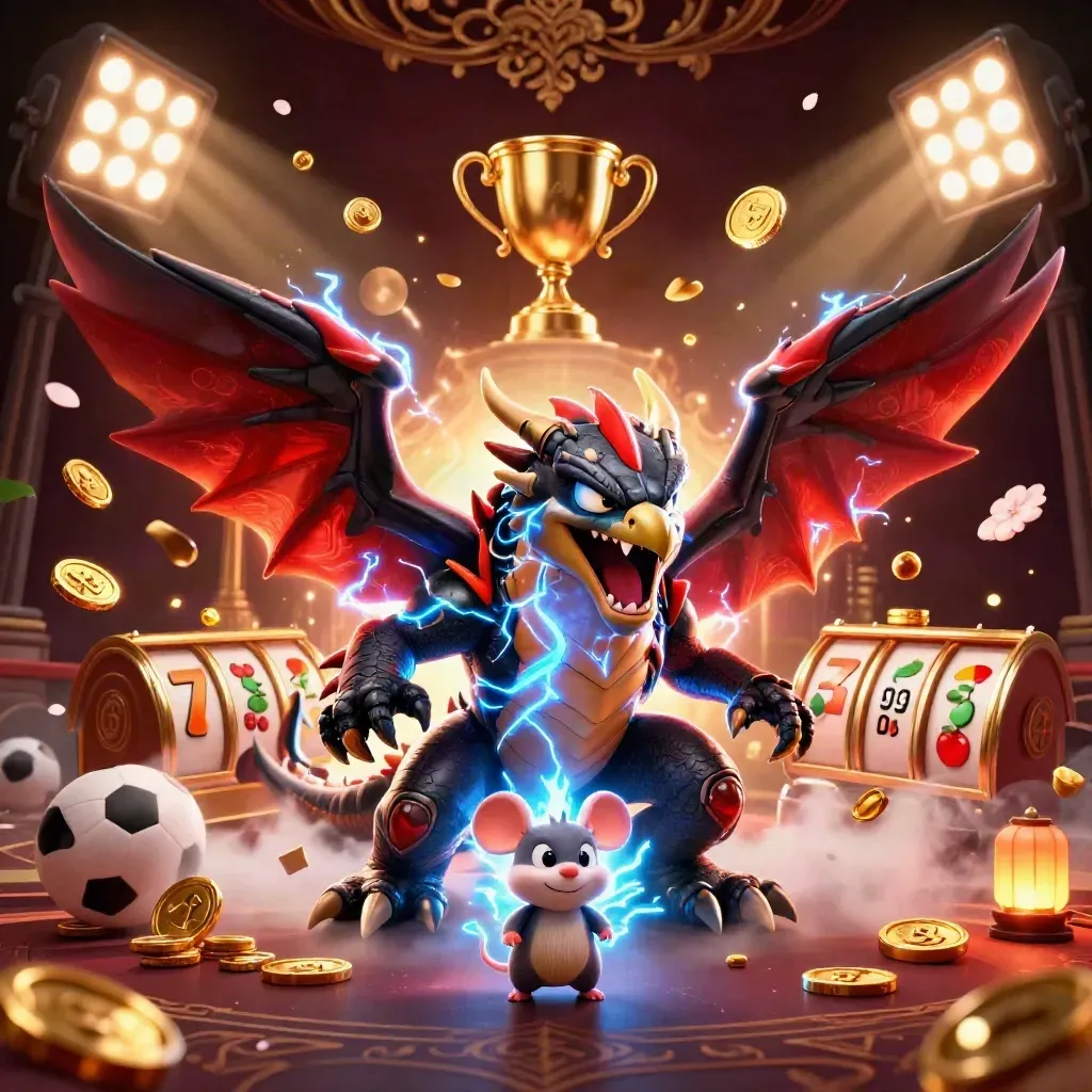 Thunder dragon, wind hawk, and static mouse burst through casino treasure with blue lightning.
