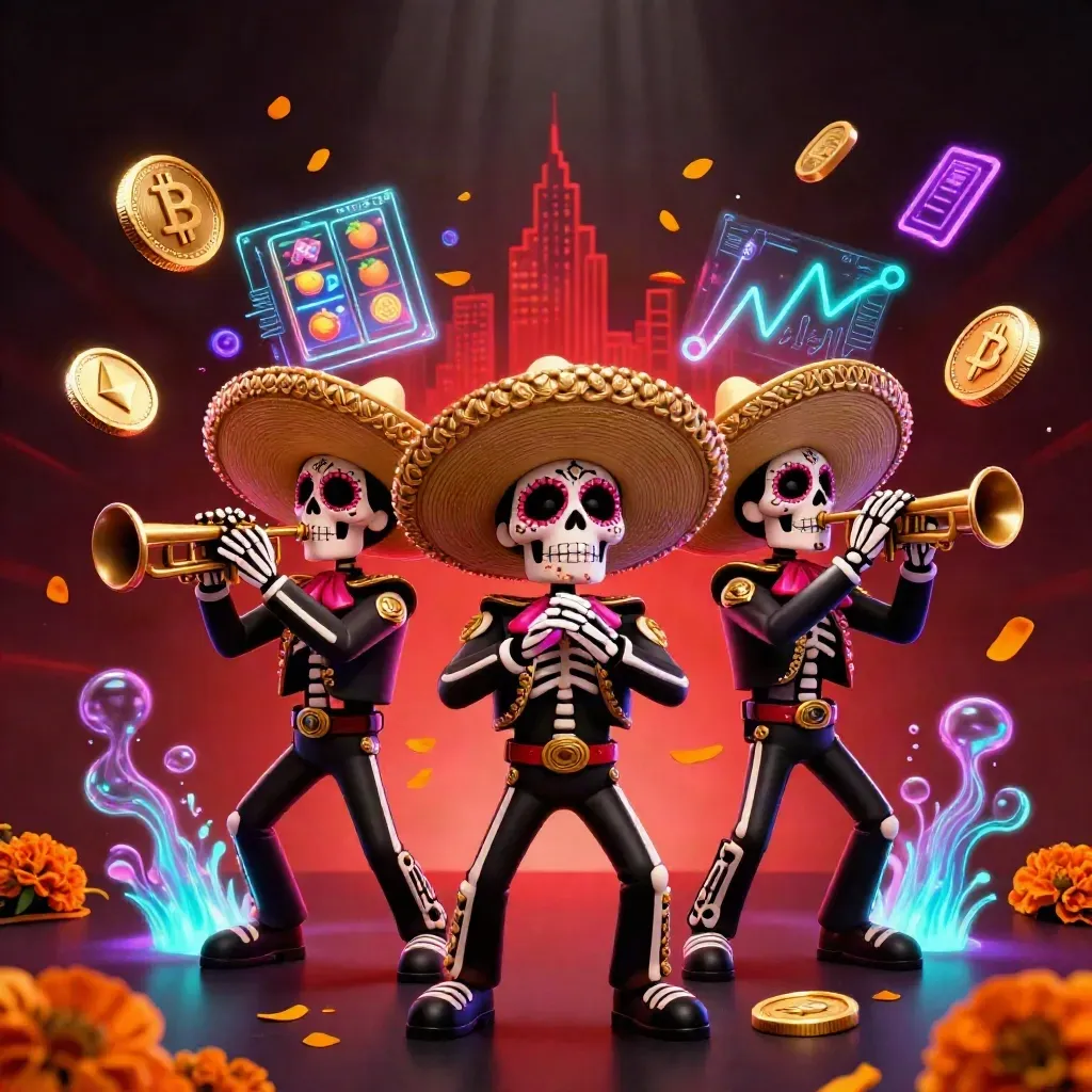 Skeleton mariachi trio amid neon casino coins, reels, marigolds, and crimson glow