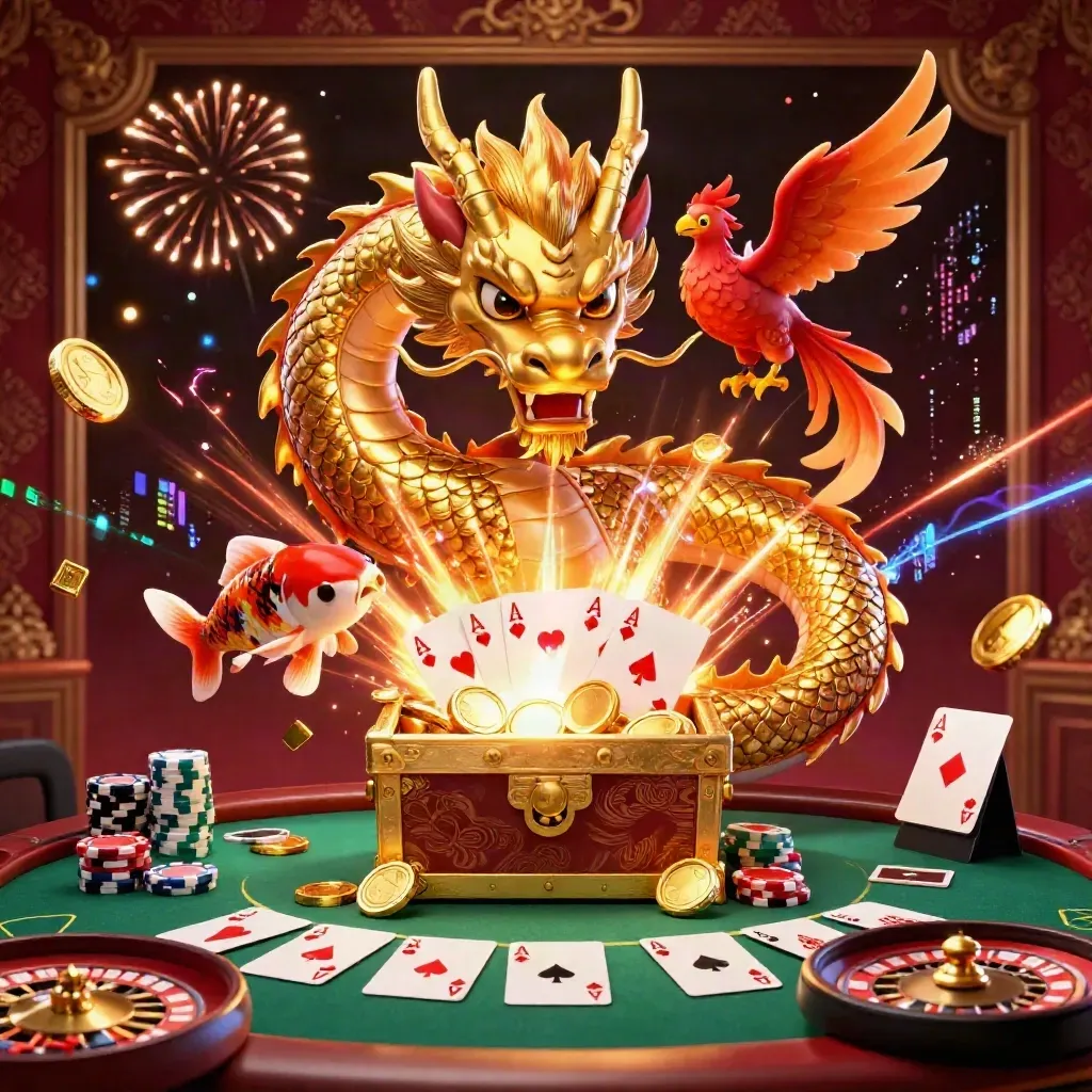 Golden dragon, phoenix, koi, coins, chips and casino tables in luxe red-gold casino key art.
