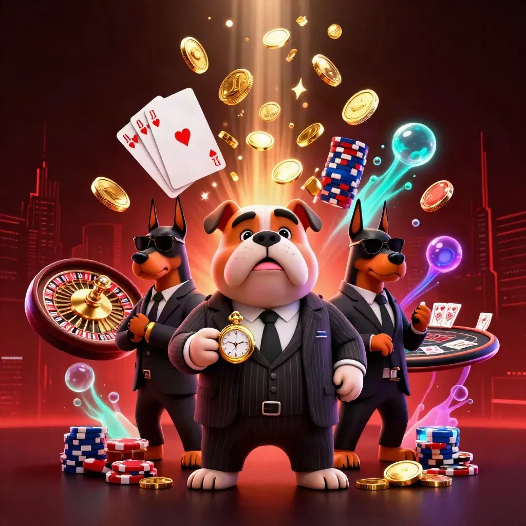 Bulldog boss and Doberman guards amid flying coins, roulette, cards, chips, and neon casino glow.