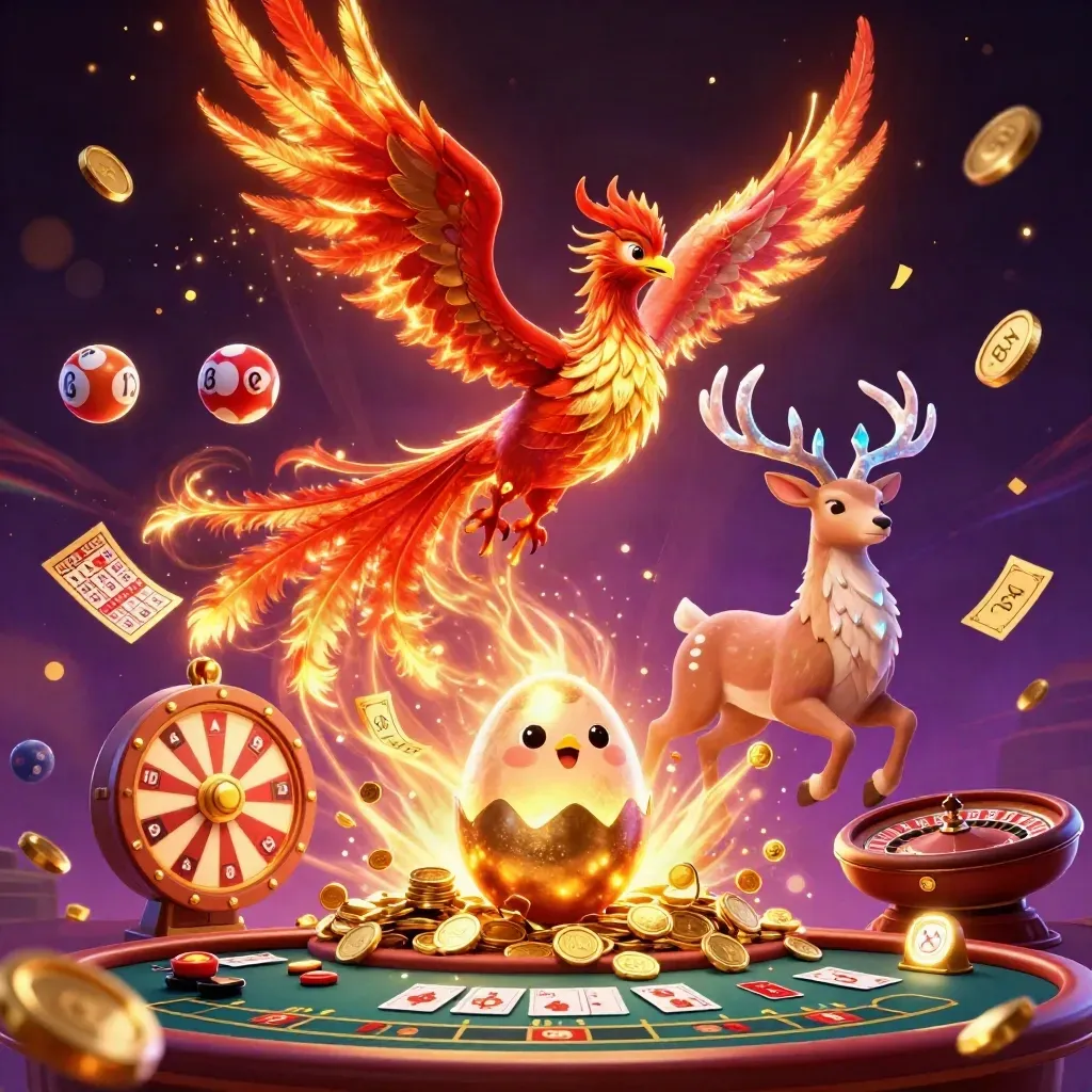 Phoenix, baby phoenix, and crystal stag amid casino treasures, coins, roulette, and fireworks