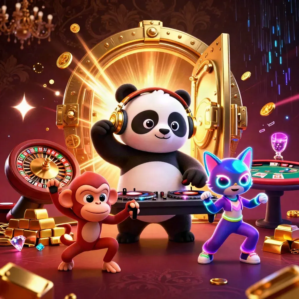 DJ panda, breakdancing monkey, and rave kitten amid vault coins, gems, and casino glam.