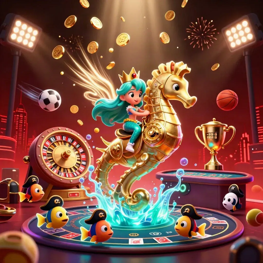 Mermaid princess on gold seahorse amid coins, sports balls, roulette wheel and casino glow