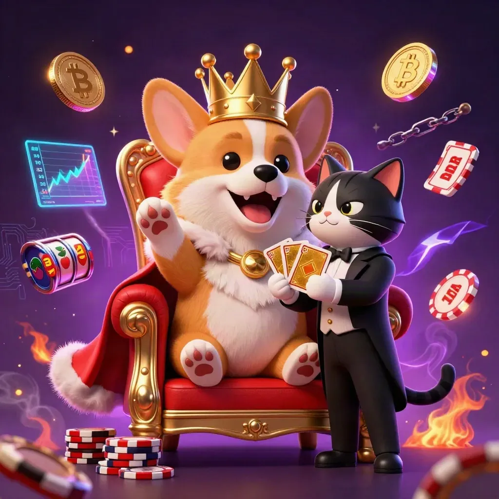 Royal corgi and cat butler on a poker-chip throne amid glowing crypto casino effects.