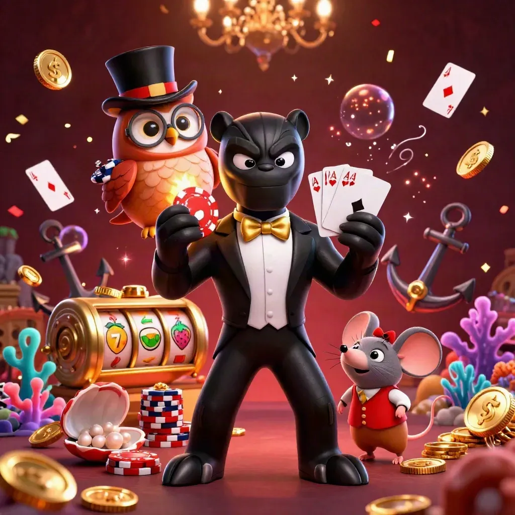 Panther, owl and mouse amid gold coins, coral, slots and casino magic in a luxe dark burgundy scene