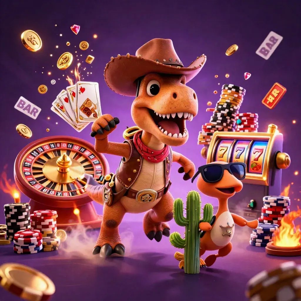 Cowboy T-Rex, cactus sidekick, and sheriff roadrunner amid a casino treasure burst.