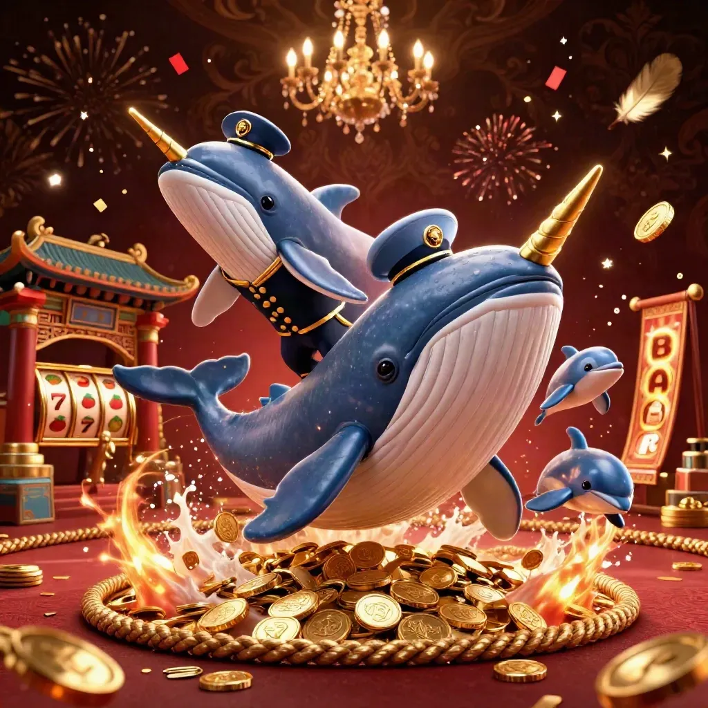 Captain whale, narwhal, and dolphins burst through coins in a luxe casino fantasy scene.