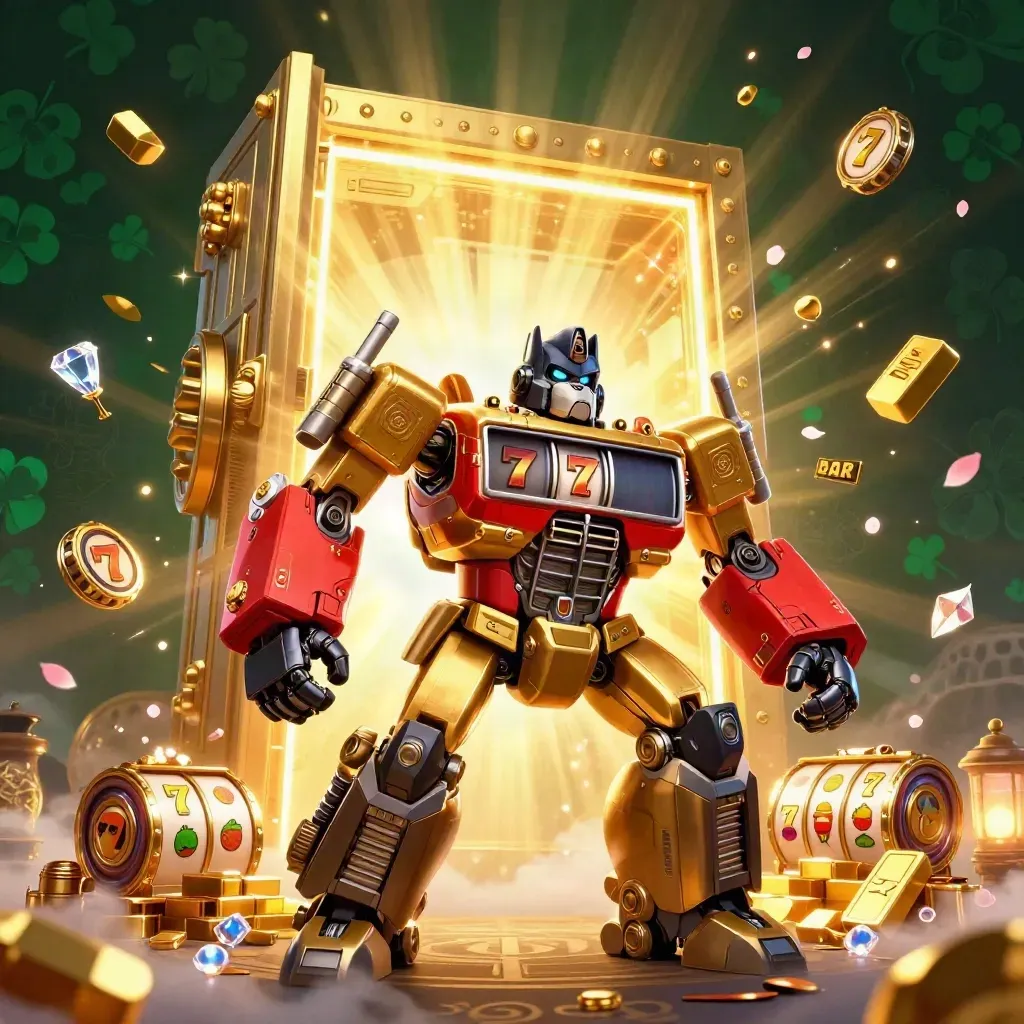 Golden gorilla slot mech with tiny monkey pilot, vault door, gold, gems and crimson casino glow.