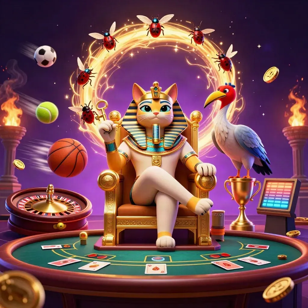 Pharaoh cat throne scene with scribe, scarabs, casino wheels, balls, trophy, and glowing lights.