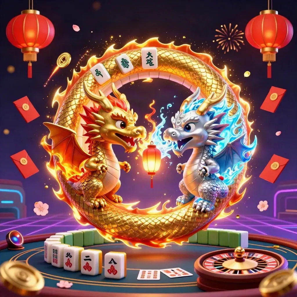 Twin gold and silver dragons spiral around a lantern spirit amid casino lucky symbols.